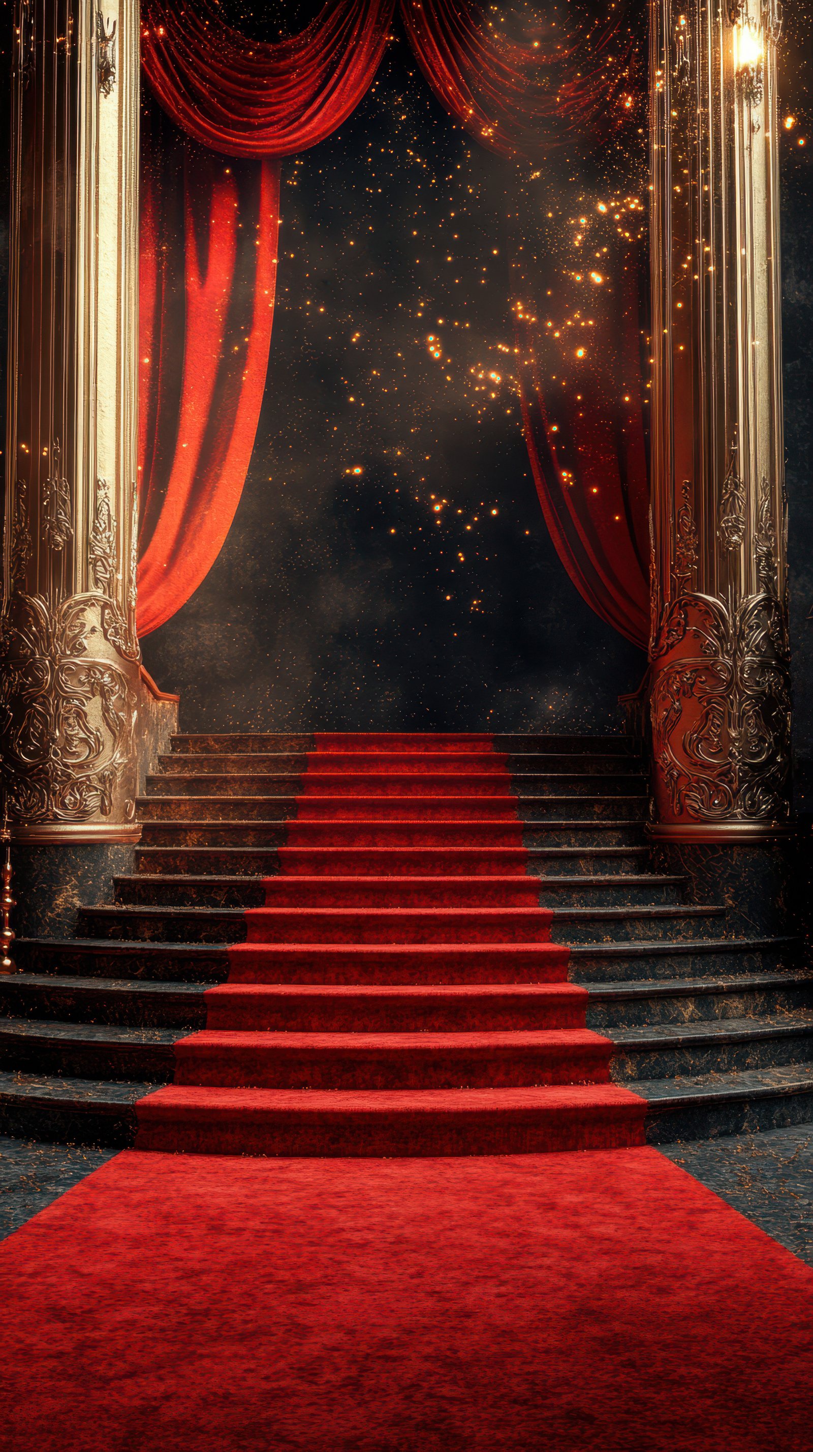 Elegant red carpet entrance leading to opulent stage with dramatic curtains and sparkling lights